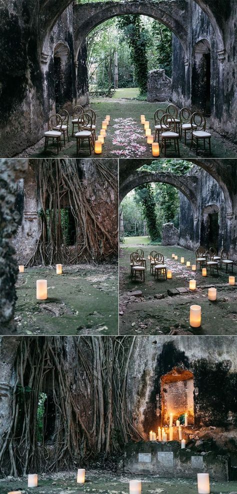 Let's have a secret wedding in an graveyard surrounded by trees, moss, and candles that will be forgotten by all except the lovers present. Small Private Wedding, Wedding Ceremony Setup, Forest Theme Wedding, Wedding Themes Summer, Halloween Themed Wedding, Wedding Ceremony Ideas, Enchanted Forest Wedding, Wedding Themes Fall, Goth Wedding