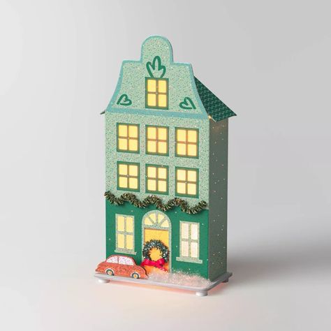 Lit Led Paper House Christmas Village Building - Wondershop™ Green : Target Christmas Village Collections, Green Throw Blanket, Led House, Artificial Christmas Wreaths, Christmas Village Houses, Paper House, Putz Houses, Christmas Paper Crafts, Glass Jar Candles