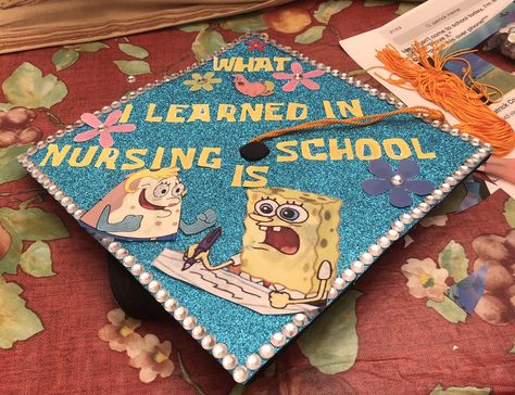 Nurse Graduation Cap Ideas, Funny Grad Cap Ideas, Spongebob Graduation Cap, Bsn Graduation Cap, Nurse Graduation Cap Designs, Graduation Cap Decoration Nursing, Graduation Cap Tassel, Funny Graduation Caps, Creative Graduation Caps