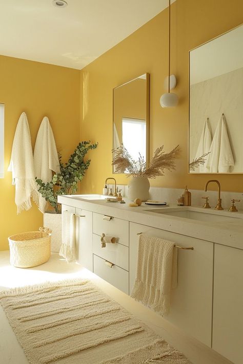 Get ready to infuse your bathroom with warmth, vibrancy, and pure sunshine! These 60+ yellow bathroom ideas are all about adding a splash of color and personality to your daily routine. From vintage-inspired charm to modern twists, we’ve gathered a variety of bathrooms that promise to transform your bathroom into a lively haven. Whether you want to add yellow tile to your bathroom walls, some fun wallpaper, or simply add some yellow decor touches, you'll find something you love on this list! Yellow Tile Bathroom Ideas, Yellow Bathroom Ideas, Yellow Tile Bathroom, Vintage Yellow Bathroom, Log Cabin Interior, Yellow Bathroom, Vibrant Home, Yellow Tile, Bathroom Walls