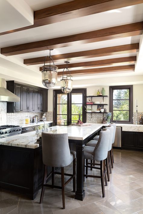 Open and Airy Black Cabinets Rustic Kitchen Cabinets, Black Kitchen Cabinets, Kitchen Ceiling, New Kitchen Cabinets, Elegant Kitchens, Black Cabinets, Trendy Kitchen, Kitchen Cabinet Design, Kitchen Remodel Idea