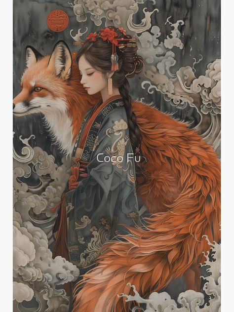 Japanese Kitsune Art, Kitsune Fox Art, Kitsune Kimono, Japanese Folklore Art, Fox Art Illustration, Rebecca Aesthetic, Fox Anatomy, Asian Fox, Kitsune Fox Spirit