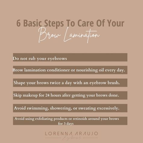 Aftercare Brow Lamination, What Is Eyebrow Lamination, Brow Lamination After Care Instructions, How To Do Brow Lamination, Eyebrow Post For Instagram, Brow Lamination Business, Pmu Instagram Content, Eyebrow Lamination Aftercare, Brow Lamination Tips