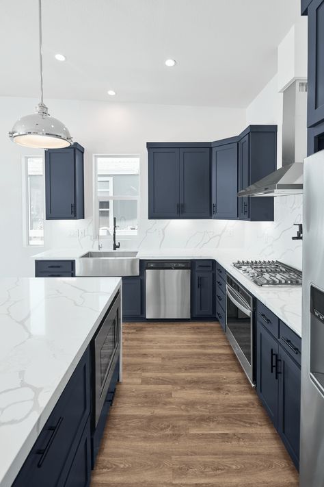 Gallery - Orbit Homes Midnight Blue Kitchen Ideas, Blue Kitchen Interior, Navy Blue Kitchen Cabinets, Blue Kitchen Designs, Spring Garden Decor, Backyard Flowers Garden, Kitchens Cabinets, Breakfast Nooks, Blue Kitchen Cabinets