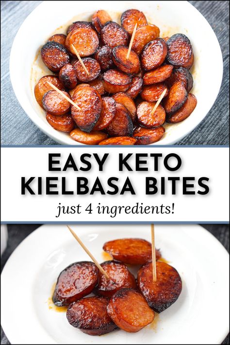 white bowl and plate with air fried kielbasa bites and text Keto Sausage Bites, Kielbasa Recipes Low Carb, Keilbasa Recipes Appetizers, Mustard Hasselback Kielbasa Bites, Smoked Sausage Appetizer Recipes, Kielbasa Recipes Keto, Low Carb Party Appetizers, Keto Kielbasa Recipes, Kielbasa Bites Appetizers