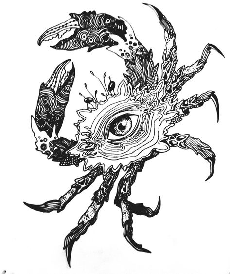 Scary Ocean Tattoo, Cosmo Tattoo, Ocean Animal Tattoos, Trip Drawing, Scary Ocean, Cosmos Tattoo, Crab Tattoo, Hybrid Art, Ocean Tattoos