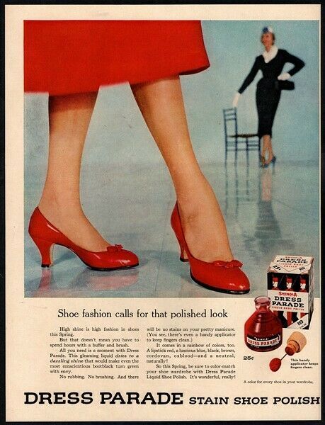 1954 DRESS PARADE- Red Dress- High Heels- Shoes- Boot Polish - Retro VINTAGE AD Vintage High Heels 1950s, 50s High Heels, 1950s High Heels, 1950 Heels, Red Vintage Heels, 50s Collage, Freedom Collage, 50s Heels, Boot Polish