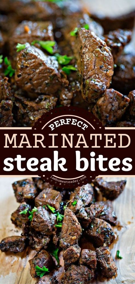 Beef Steak Bites, Marinated Steak Bites, Gameday Food, Gameday Party, Parmesan Potato, Steak Bites Recipe, Beef Steak Recipes, Tender Steak, Easy Steak