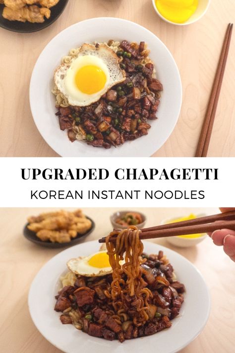 Upgraded Chapagetti (Jajang Instant Noodles) Korean Spaghetti, Dorm Cooking, Sauteed Steak, Food Reference, South Korean Food, Chicken Ramen, Asian Noodle, Kimchi Recipe, Korean Recipes