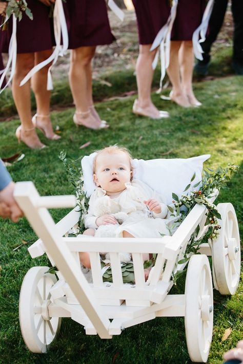 Baby Wagon Wedding, Baby Flower Girl Wagon, Baby At Wedding, Wedding With Baby, Flower Girl Wagon, Wedding Wagon, Fall Flower Girl Dresses, Fall Themed Wedding, Wagon For Wedding