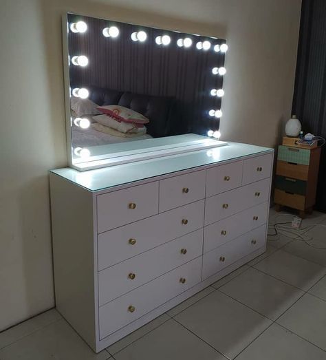 Vanity Mirror Big, Huge Vanity, Organized Ideas, Mirror Dresser, Gold Knobs, Hollywood Mirror, The Cabinet, Dresser With Mirror, Cabinet Design