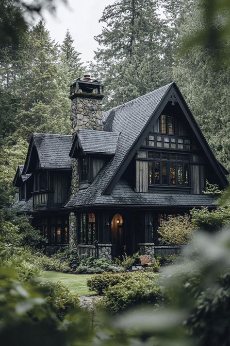 Charming dark cottage nestled in dense forest. Enter a world where whimsical charm meets shadowy intrigue, as this article unveils the enchantingly moody essence of dark cottagecore houses. Maple Forest Cottage, Forest Fairy Cabin, Hidden Cabin In The Woods, Dark Cottagecore House Aesthetic, Dark Cottagecore House Bedroom, Moody Log Cabin, Gothic Beach House, Dark Cottage Decor, Dark Hobbitcore