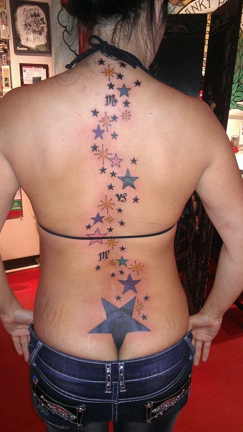 My Star back tattoo with all my kids birth symbols - Done at Forever Tattoo Star Back Tattoo, Star Tattoos For Women, Birth Symbols, Forever Tattoo, Epic Tattoo, Star Tattoo, My Star, Star Tattoos, Back Tattoo