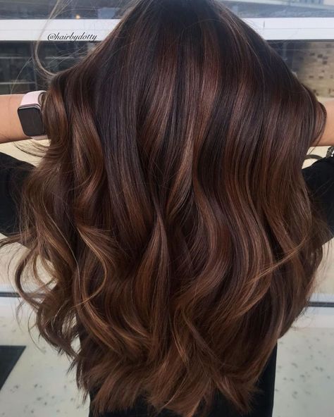 Two-Tone Dark Chocolate Hair Color Red High Light Hair Dark Brown, Dark Brown Hair With Honey Brown Highlights, Hair For Deep Autumn, Brown Autumn Hair, Brown Hair 2024 Trends, 2024 Womens Haircuts, Work Appropriate Hair Color, Mohagany Brown Hair, Hair Colour For Curly Hair