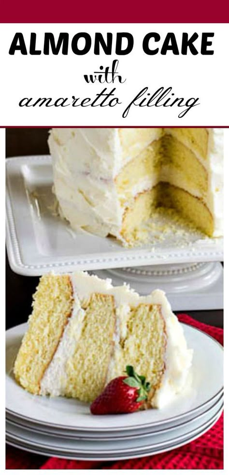 Almond Cake with Amaretto Filling. This cake makes a wonderful wedding or special occasion cake! Wedding Cakes Flavors, Boozy Cakes, Cakes Flavors, Almond Buttercream, Cake Flavours, Cake Filling, Wedding Cake Flavors, Cat Wedding, Pie Bars