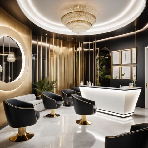 “A sleek and modern reception area in a women’s spa salon, featuring black chairs. Elegant, chic, soft lighting, minimalist design.” Modern Reception Area, Lighting Minimalist, Realistic Render, Spa Reception, Black Chairs, Modern Reception, Reception Area, Black Chair, Reception Areas