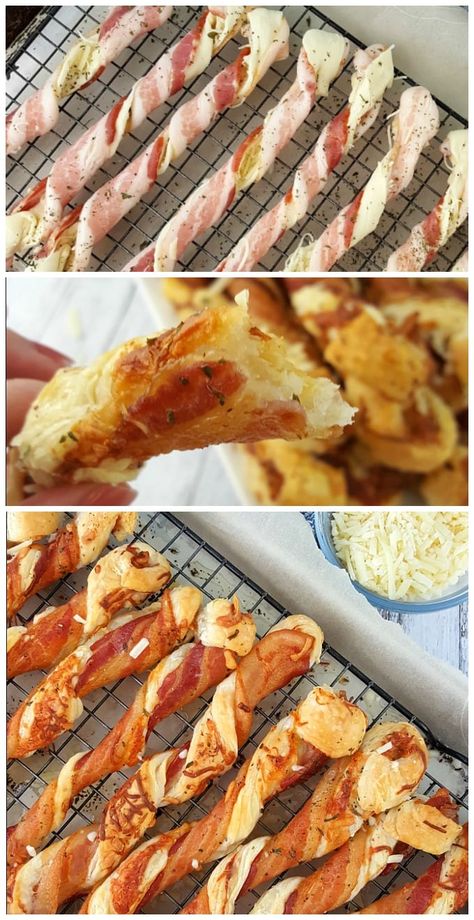 Bacon Cheddar Puff Pastry Twists, Cheesy Bacon Twists With Puff Pastry, Cheese And Bacon Twists, Sweet And Savory Cheesy Bacon Wrapped Puff Pastry Twist, Pastry Twist Recipes, Pastry Dinner Ideas, Holiday Snacks Christmas Savory, Bacon Puff Pastry Twist, Bacon Pastry Twists