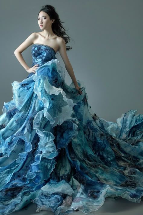 Dresses That Look Like The Ocean, Mermaid Haute Couture, Water In Fashion, Fashion Inspired By Water, Ocean Dress Design, Sea Inspired Dress, Water Inspired Dress, Water Inspired Fashion, Water Inspired Outfits