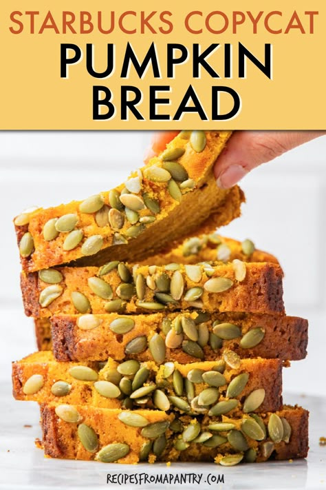 Whip up this copycat Starbucks pumpkin bread recipe at home! It's super easy to make, perfectly spiced, and ideal for fall or Thanksgiving gatherings. Whether you're hosting a festive dinner or just craving a cozy treat, this pumpkin bread will be a hit. Plus, it's a great way to use up any leftover pumpkin puree. Great for breakfast, brunch and dessert. Save this homemade Starbucks pumpkin loaf recipe #PumpkinBread #Fall #Baking #Thanksgiving #Recipes #Starbucks #Copycat #Pumpkin Starbucks Pumpkin Bread Recipe Copycat, Starbucks Pumpkin Loaf Recipe, Copycat Starbucks Pumpkin Bread, Pumpkin Loaf Starbucks, Pumpkin Bread Starbucks, Starbucks Pumpkin Loaf, Starbucks Pumpkin Bread Recipe, Pumpkin Loaf Recipe, Leftover Pumpkin Puree