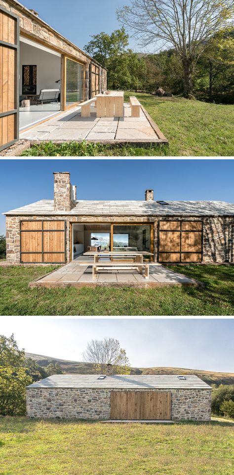 Stone Cottages, Stone Facade, Contemporary Cottage, Stone Cottage, Exterior Stone, Outdoor Wood, Stone Houses, Stone House, Outdoor Dining Area