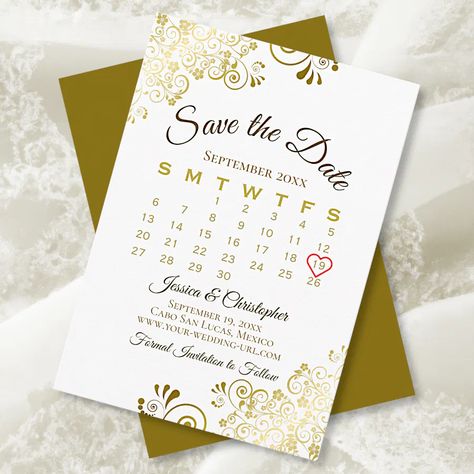 Gold Frills on White Elegant Wedding Calendar Save The Date Wedding Calendar, Simple Invitation, Gold Wedding Invitations, Formal Invitation, Wedding Save The Date, Save The Date Invitations, Floral Invitation, Wedding Saving, Save The Date Cards