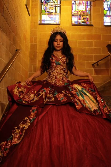 #catholic #quince #quinceañera #quinceaños #mexican #mexico #birthday #quincehair #quincedressshopping Mariachi Quinceanera Dress Red, Traditional Quinceanera Dresses, Mexican Quince Theme, Quince Charro Dresses, Quince Charro, Mariachi Quinceanera Dress, Red Quince Dress, Quinceanera Dresses Mexican, Quinceanera Dresses Red