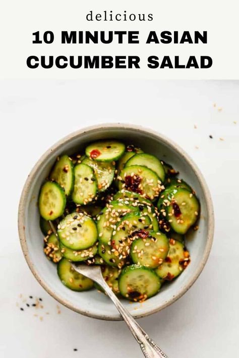 This Asian Cucumber Salad recipe comes together in just 10 minutes for a fresh and easy appetizer or side! It’s made with sesame oil and chili oil for a flavour-packed and spicy cucumber salad! Choosing Chia Recipes | Cucumber Recipes | Vegan Recipes | Vegetarian Recipes | Asian Inspired Recipes Cucumber Sesame Oil, Spicy Asian Cucumbers, Asian Inspired Cucumber Salad, Chili Oil Cucumbers, Crispy Cucumber Salad, Asian Marinated Cucumbers, Marinated Cucumbers Asian, Asian Cucumber Recipes, Keto Asian Salad