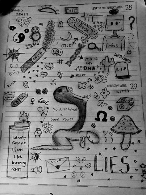 School Doodles Drawings Ideas, Messy Mind Drawing, Messy Drawings Sketches, Graffiti Doodles Ideas, Notebook Drawing Ideas, Silly Drawings Doodles, Page Of Doodles, Messy Drawings, Notebook Drawings Doodles