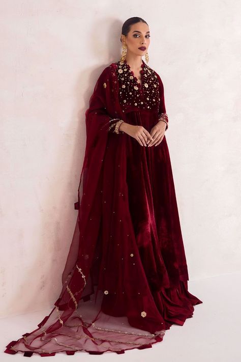 Mughal Fashion, Mexican Theme Dresses, Victorian Inspired Fashion, Garara Suit, Crimson Velvet, Silk Anarkali Suits, Bridal Suits, Velvet Dress Designs, Satin Fashion