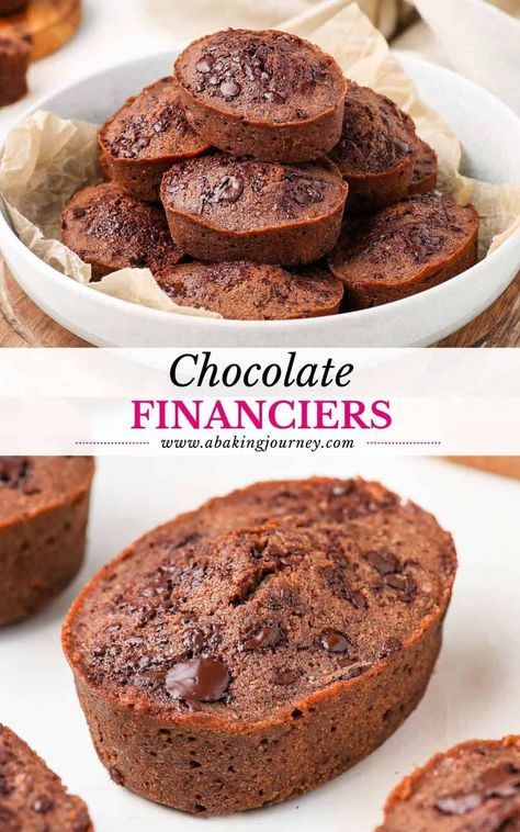 These French Chocolate Financiers Cakes have a deliciously light texture and deep flavours of chocolate, almond and brown butter. They are perfect to serve for afternoon tea or as an everyday sweet snack. Almond Dacquoise Recipe, French Chocolate Pastry, Chocolate Friands Recipe, Financier Recipe French Tea Cakes, Chocolate Financier Recipe, French Chocolate Desserts, Chocolate Financier, Financiers Recipe, Friands Recipe