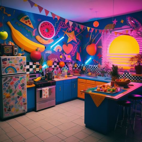 Neon Kitchen, Colorful Rooms, 80s Interior Design, 80s Interior, Retro Revival, Fantasy Rooms, Design Styles, Room Colors, Back In Time