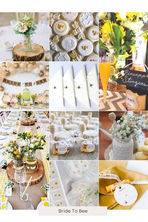 Bridal Shower Animal Theme, Bee Bridal Shower Theme Food, Honey Wedding Shower Theme, Honey Bee Tea Party, Bridal Shower Honey Bee Theme, Bridal Shower Bride To Bee, Bride To Bee Centerpieces, Bridal Shower Yellow Theme, Honey Theme Wedding