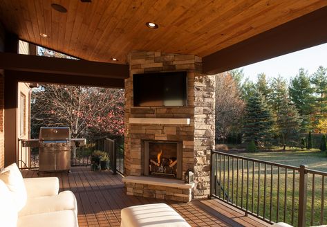 Covered Outdoor Living Fireplace - Transitional - Deck - Indianapolis - by Worthington Design & Remodeling | Houzz Outdoor Fireplace With Tv, Fireplace With Tv Above, Tv Above The Fireplace, Pavilion Backyard, Outdoor Furniture Wood, Fireplace With Tv, Outdoor Living Kitchen, Deck Fireplace, Covered Patio Design