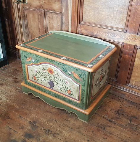 This vintage pine blanket box was hand-painted using Annie Sloan's Chalk Paint in Olive, Versailles, and Barcelona Orange. The design is inspired by traditional folk art from the Indian subcontinent, featuring arrangements of colourful flowers, swirling vines, and tropical bird motifs. Multiple layers of dark and clear furniture wax add to the antique look and give the wood a soft protective finish. A stunningly beautiful and functional heirloom piece, the chest is solidly built from chunky pine Blanket Box Makeover, Vintage Hand Painted Furniture, Clear Furniture, Chest Decor, Vintage Furniture Makeover, Traditional Folk Art, Vintage Bedroom Furniture, Hand Painted Wooden Box, Vintage Painted Furniture