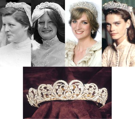 Though This Piece Was Once Said To Date From The 18th Century, The Spencer Tiara Is Actually Made Up Of Other Pieces Of Jewellery Of Varying Ages And From Different Jewellers That Has Gone Through Several Changes Over Time. It Was Worn By Both Of Diana’s Older Sisters, Jane And Sarah, At Their Weddings Before It Was Worn By Diana. #Tiara #Royalty #Royal #Jewellery #Royaljewels Spencer Tiara, Princess Diana Tiara, Diana Tiara, Tiara Royal, King And Queen Crowns, Royal Jewellery, Royal Crown Jewels, Spencer Family, The Spencer