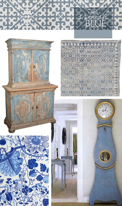 Hue: Swedish Blue — CLOTH & KIND Contemporary Small Apartment, Swedish Style Interior, Scandi Rustic, Swedish Gustavian Furniture, Gustavian Interiors, Scandinavian Homes, Swedish Blue, Blue And White Decor, Swedish Gustavian Style