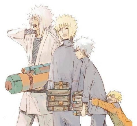 Jiraiya, Minato, Kakashi, and Naruto - teachers and students Naruto's Parents, Minato Kakashi, Poses Manga, Uzumaki Family, Kushina Uzumaki, Kakashi Sensei, Naruto Fan Art, Naruto Comic, Naruto Series