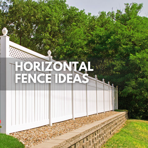 4 Horizontal Fence Ideas for Your Outdoor Space Farmhouse Fence Ideas, Horizontal Fence Ideas, Wood Grain Vinyl Fence, Farmhouse Fence, Fence Options, Decorative Garden Fencing, Cheap Fence, Horizontal Fence, Privacy Fences