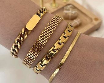 Watch Chain Bracelet, Bracelet En Or, Gold Band Bracelet, Everyday Bracelets, Vintage Gold Jewelry, Dope Jewelry Accessories, S Bracelet, Watch Band Bracelet, Gold Chain Bracelet