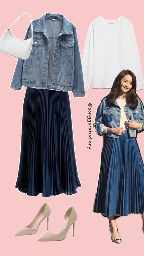 Yoona SNSD Korean Actress Idol Inspired Outfit Blue & White OOTD Modest Fashion Drama Outfit, Korean Outfit Ideas, White Ootd, Outfit Reference, Blue Outfits, Yoona Snsd, Capsule Outfits, Korean Street, Korean Actress