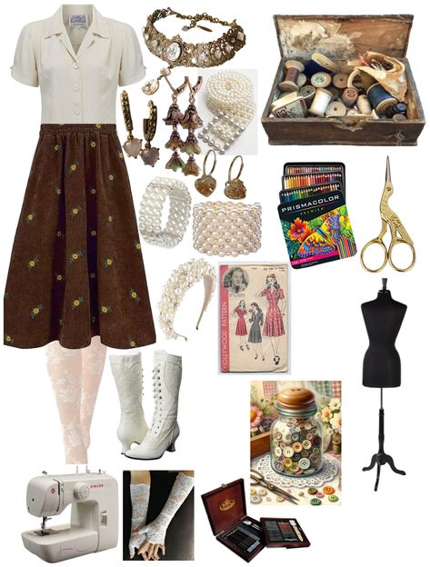 Seamstress Outfit, White Lace Gloves, Vintage Scissors, Block Shoes, Christmas Boots, Padded Headband, Victorian Lace, Lace Gloves, Corduroy Skirt