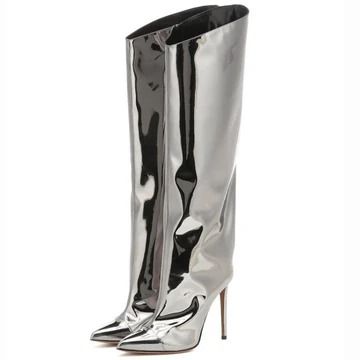 Boots – Onlymaker Mirror Boots, Color Trends 2023, Y2k Winter Outfits, Red Knee High Boots, Knee High Stiletto Boots, Demonia Boots, Hak Tinggi, Metallic High Heels, Metallic Boots