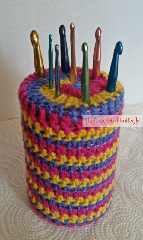 Crochet Hook Storage Case, Crochet Tin Can Cover, Crocheted Butterfly, Crochet Hook Organizer, Crochet Jar Covers, Crochet Hook Holder, Crochet Organizer, Crochet Hook Case, Crochet Storage