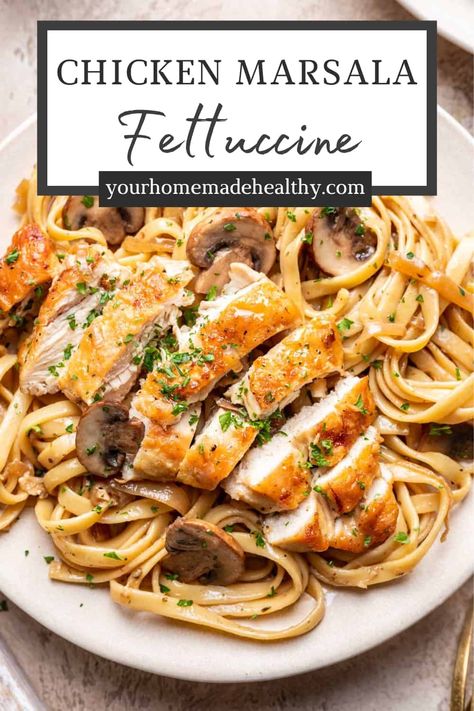 This Chicken Marsala Fettuccine is a healthier, lighter, dairy free twist on the Italian favorite. It's rich, creamy, and the perfect meal for date nights in. Have this flavorful pasta on the table in less than 1 hour. Chicken Marsala Fettuccine, Marsala Pasta, Marsala Chicken Recipes, Dinner Leftovers, Healthy Pasta, Chicken Entrees, Chicken Marsala, Healthy Pasta Recipes, Healthy Pastas