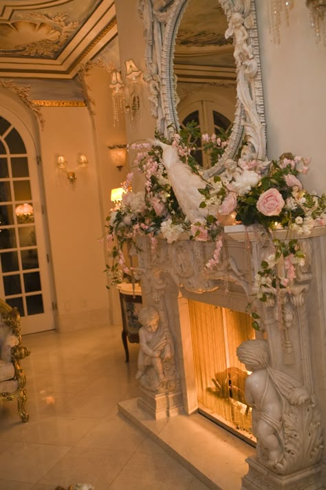 Christmas In California, Ornate Fireplace, The Glow, Fireplace, California, Mirror, Flowers, Christmas, White