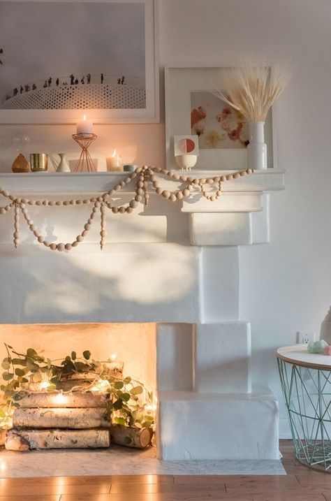 Fairy Light Fireplace Ideas, Electric Candles In Fireplace, Twinkle Lights In Fireplace, Fairy Light Fireplace, Fireplace Fairy Lights, Fairy Lights In Fireplace, Unusable Fireplace Ideas, Fireplace Filler Ideas, Unused Fireplace Ideas