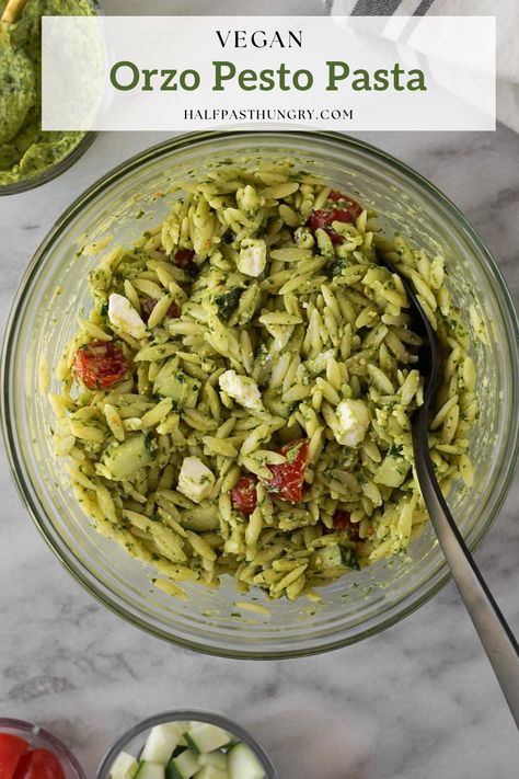 Orzo Feta Salad, Orzo Pesto, Vegan Orzo, Easy Orzo, Pesto Orzo, Vegan Feta, Spinach Avocado, Pesto Salad, Spinach Pesto