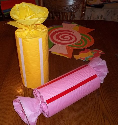 Decorating Will Have To Wait, So I’ll Make My Giant Wrapped Candy Decorations | pegsgottado Giant Candy Decorations, Candy Props, Willy Wonka Party, Lollipop Party, Candy Land Birthday Party, Wrapped Candy, Giant Candy, Candyland Birthday, Candyland Party