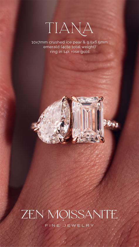 Tiana engagement ring featuring a 2-stone Toi & Moi design, a flush low profile basket, plain rails, claw prongs and a 1.8mm 3/4 pavé 3-row band in 14k rose gold, set with 10x7mm crushed ice pear & 9.5x6.5mm emerald (4cte total weight) moissanite gemstones.

Zen Moissanite jewelry pieces are custom made, ethical and durable Diamond alternatives.✨ Multi Diamond Engagement Ring, Two Stone Engagement Ring, Double Diamond Engagement Ring, Double Diamond, Crushed Ice, Claw Prong, Diamond Alternatives, Moissanite Jewelry, Stone Engagement Rings