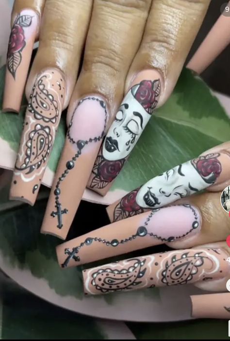 Nail Designs Chicana, Nail Ideas Chicana, Laugh Now Cry Later Nails, Chicana Nails Designs, Chicano Nails Designs, Lowrider Nail Designs, Smile Now Cry Later Nails, Chicana Nails Acrylic, Chola Nails Designs